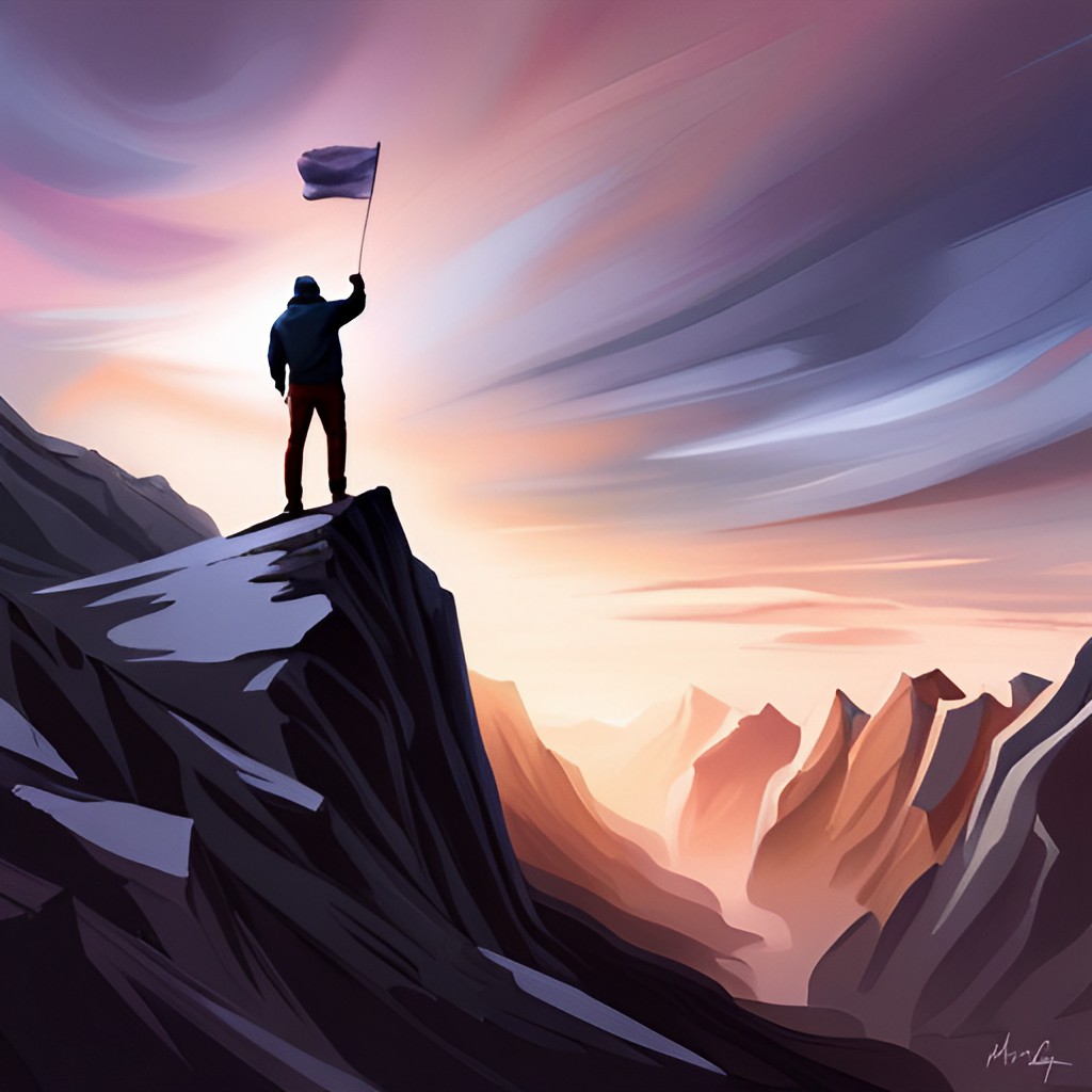 man stood holding a flag on top of a mountain peak